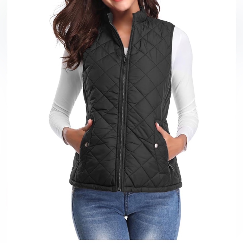 NWOT Fuinloth Quilted Vest, Stand Collar Lightweight Zip Padded Gilet Black